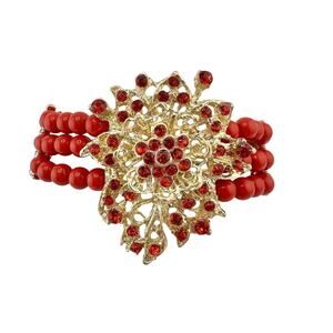 Red Rhinestone Flower Ornate Bold Gold Tone Multistrand Bead 6.75”-9” Bracelet